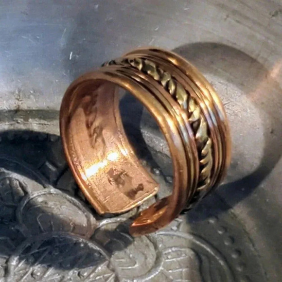 Tribal Style India Solid Brass Copper Wide Band Adjustable Finger Ring - Picture 1 of 12